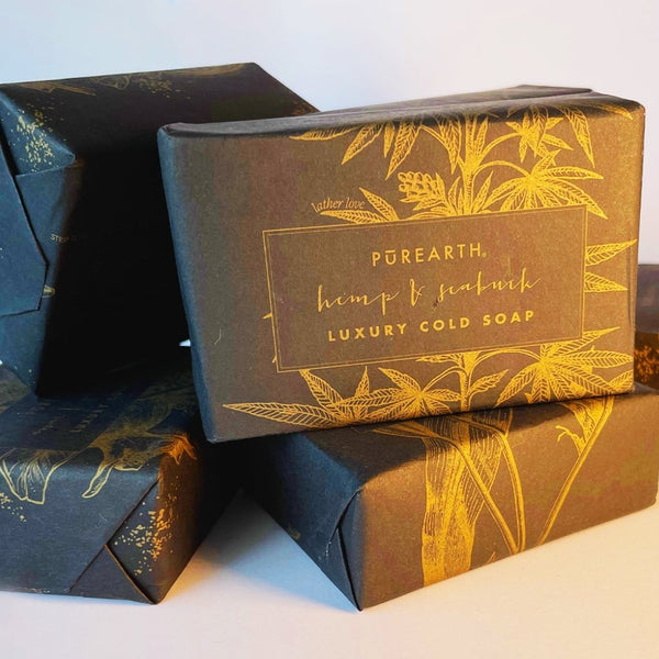 nourish. heal. restore.  A moisturizing bar made with cold-pressed bitter apricot, coconut, and olive oils, infused with a restorative blend of hand-pounded wild sea buckthorn berry and hemp seeds that lend a unique marbled appearance.  Wildcraft botanicals, sustainably hand-picked from Himalayan forests cleanse and soothe skin without over stripping. Our soap bars are truly a luxurious multitasking, non-drying treat.