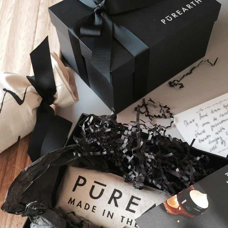 responsible, reuseable & recyclable  Delight yourself or a loved one with a beautifully wrapped gift box in gorgeous matte black, grosgrain ribbon and a personalised calligraphy handwritten note.  If you wish to customise and personalise gifts for events, conferences, the holiday season, employee appreciation or milestone celebrations, please contact us at care@purearth.asia.